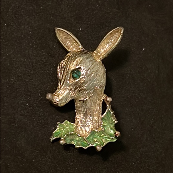 Vintage Gold Plated Holiday Christmas Reindeer Brooch W Rhinestone Accent - Picture 2 of 3
